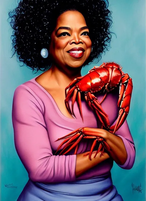 Prompt: ultrawide angle colour portrait masterpiece photography of oprah winfrey holding a lobster full body shot by annie leibovitz michael cheval miho hirano moebius josh kirb