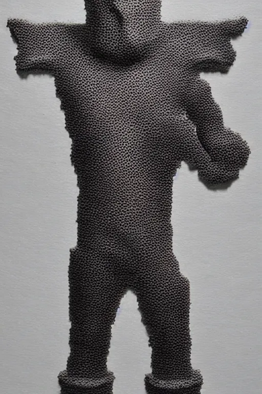 Image similar to a scene depicting a character wearing a diy suit made from foam, pointillism, super detailed, soft light