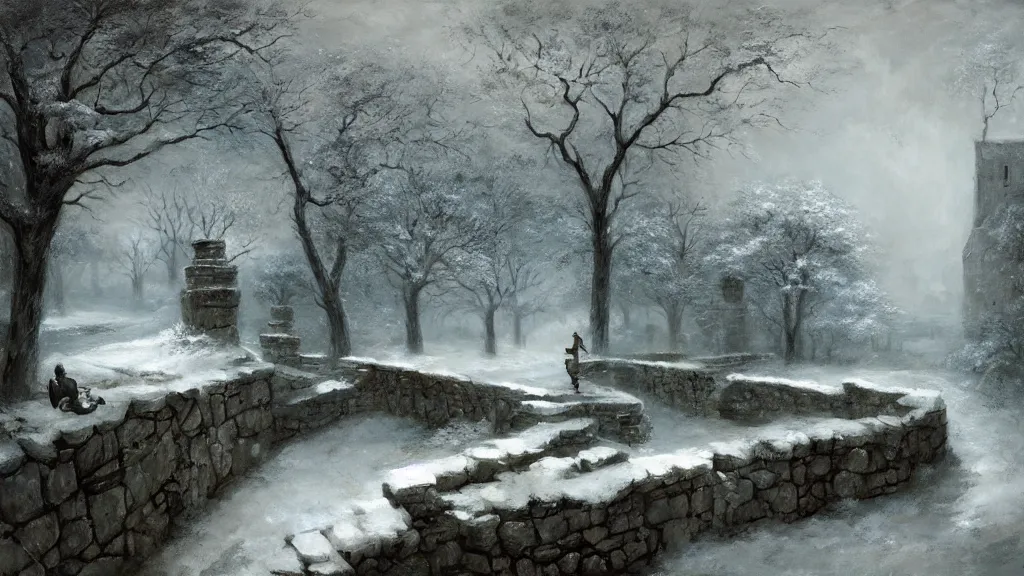 Prompt: the massive stone walls overshadow the [ secret garden ] in winter. andreas achenbach, artgerm, mikko lagerstedt, zack snyder, tokujin yoshioka