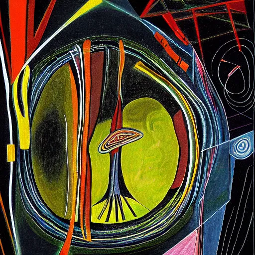 Prompt: a digital painting of a mirror with a black background, a cave painting by roberto matta, pixiv, metaphysical painting, biomorphic, circuitry, fauvism