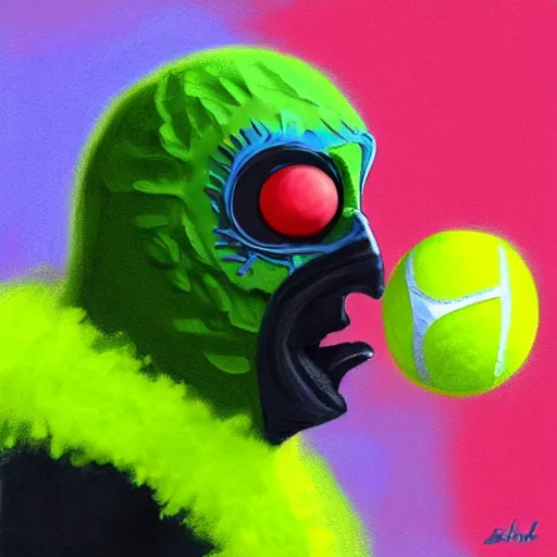 Prompt: a tennis ball monster with a tennis racquet, bust shot, balaclava, face covered, smooth, intricate, elegant, power aura, digital painting, artstation, concept art, sharp focus, illustration, art by basil gogos - h 6 4 0