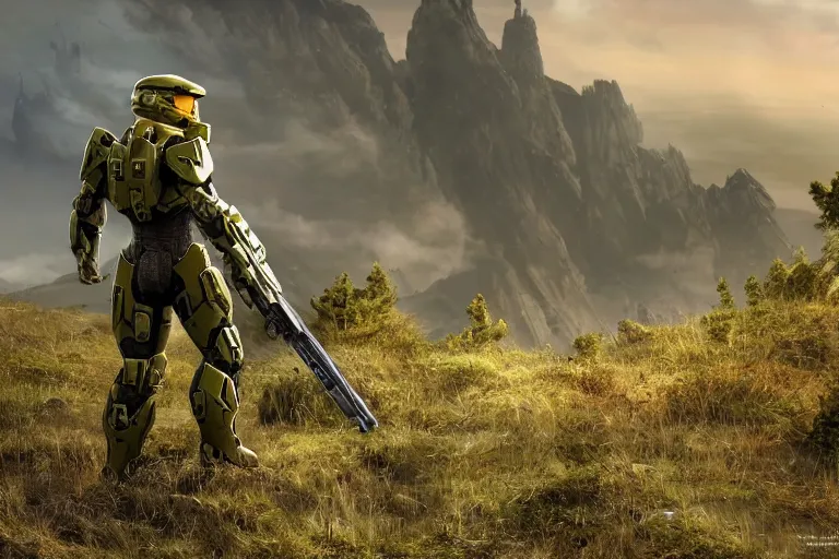 Image similar to halo master chief on a hill, cinematic, 8 k, back view, photorealistic