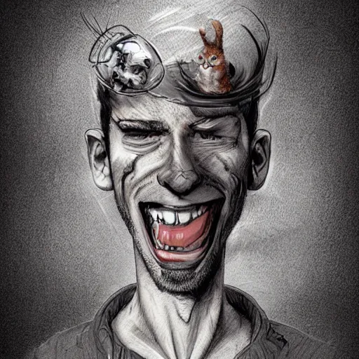 Image similar to grunge cartoon sketch of a human mixed with a cat with a wide smile by - michael karcz, loony toons style, horror theme, detailed, elegant, intricate