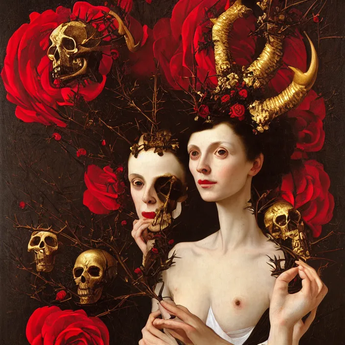 Image similar to portrait of a woman with a golden skull instead of a head, a wreath of thorns, a dress of bones and roses, horns, snakes, smoke, flames, full-length, oil painting in a renaissance style , very detailed, red background, painted by Caravaggio, Greg rutkowski, Sachin Teng, Thomas Kindkade, Alphonse Mucha, Norman Rockwell, Tom Bagshaw.