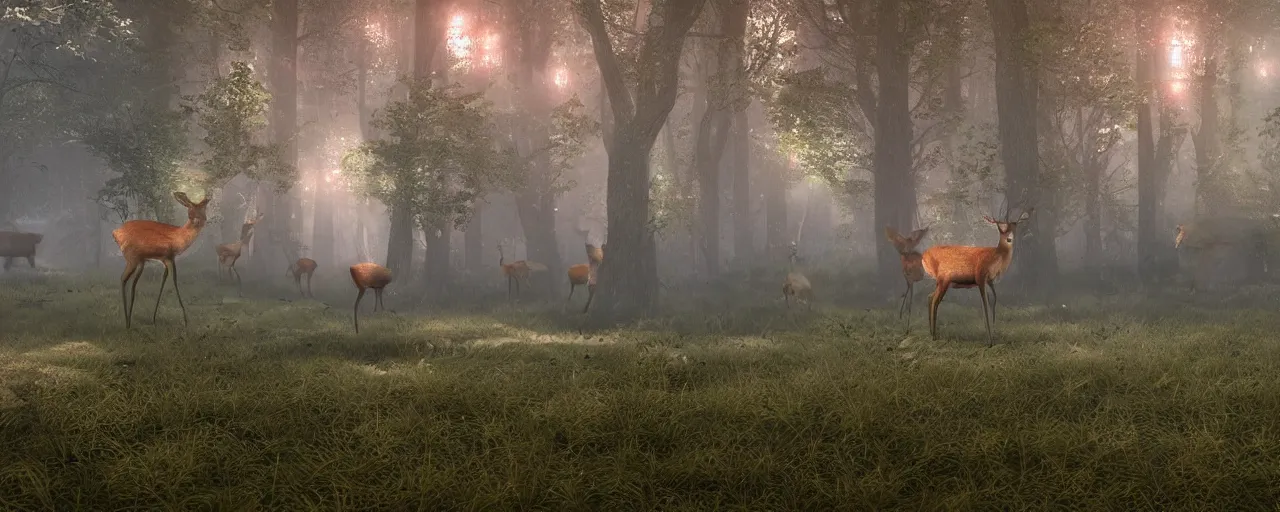 Image similar to deer in an ethereal forest made from glowing circuits and electronics, highly detailed concept art, 3 d, volumetric lighting