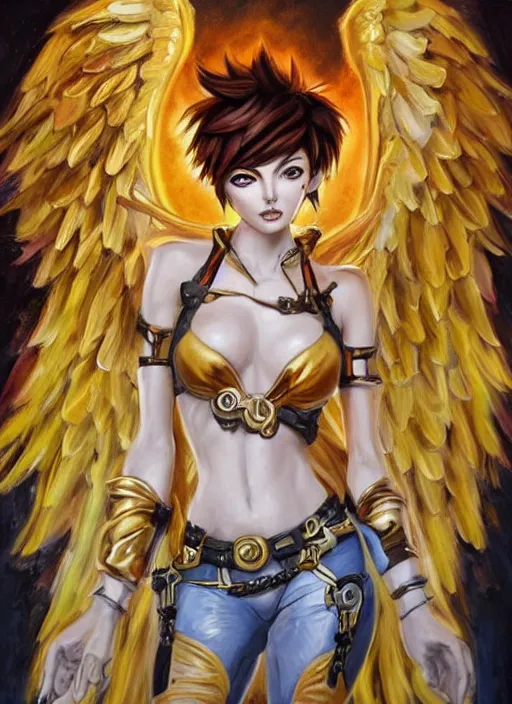 Image similar to full body oil painting of tracer overwatch in the style of julie bell, angel wings, dramatic painting, symmetrical composition, ornate, golden chains, silky garment, high detail, gold detailed collar!!!!!, blooming, angelic, lights, flowers, heavenly, bright, detailed face,