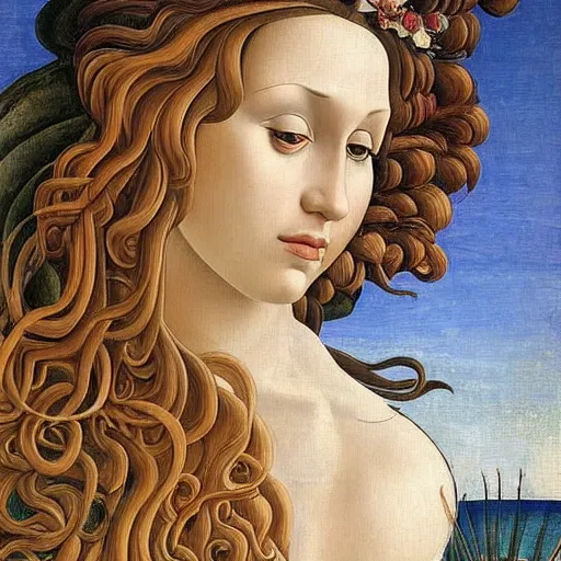 Prompt: an hyperrealistic mythological oil painting of a beautiful woman with long curly brown hair, full body, wearing floral chiton, lying in a giant scallop shell near the seashore, intricate, elegant, renaissance style, by sandro botticelli