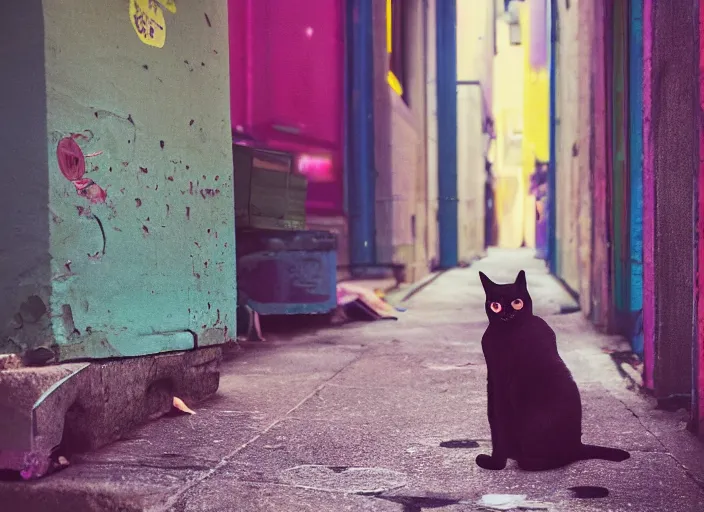 Image similar to photography of a Cat sitting on a box. in a cyberpunk street, award winning photo, colors, 100mm, sharp, high res