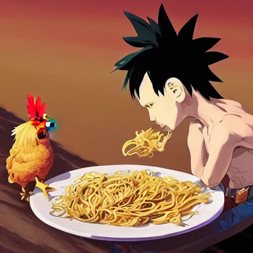 Prompt: shigenori soejima, jamie hewlett, frank frazetta, a chicken eating pasta off a ceramic plate in the middle of the desert, digital painting masterpiece, advanced lighting technology