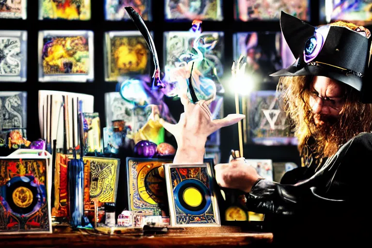 Image similar to close up photo, dramatic lighting, concentration, aphex twin playing with big techno jukebox, tarot cards displayed on the table in front of her, sage smoke, magic wand, a witch hat and cape, apothecary shelves in the background, by yoji shinkawa neon