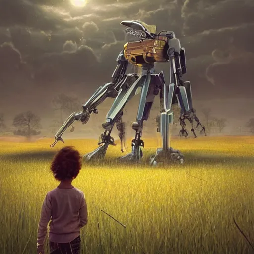 Image similar to giant mech stands over hay field by simon stalenhag, atmospheric haze, children below look up, misty evening, sci fi digital painting, unreal engine 5, photorealism, hd quality, 8 k resolution, cinema 4 d, 3 d, cinematic, professional photography, art by artgerm and greg rutkowski and alphonse mucha and loish and wlop