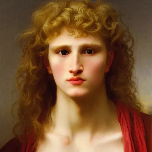 Prompt: PORTRAIT Painting of an albino germanic male Venus Apollo. LONG CURLY light blond hair. Sharp angular face high cheekbones hooked nose. Art by william adolphe bouguereau. During golden hour. Extremely detailed. Beautiful. 4K. Award winning.