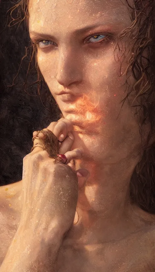 Prompt: epic masterpiece portrait sand legends, sweaty skin, hyperrealistic, octane render, cinematic, beautiful face and flawless skin, perfect hands, 5 fingers, ruby, by Edgar Maxence and Ross Tran and Michael Whelan, Legends of Runeterra