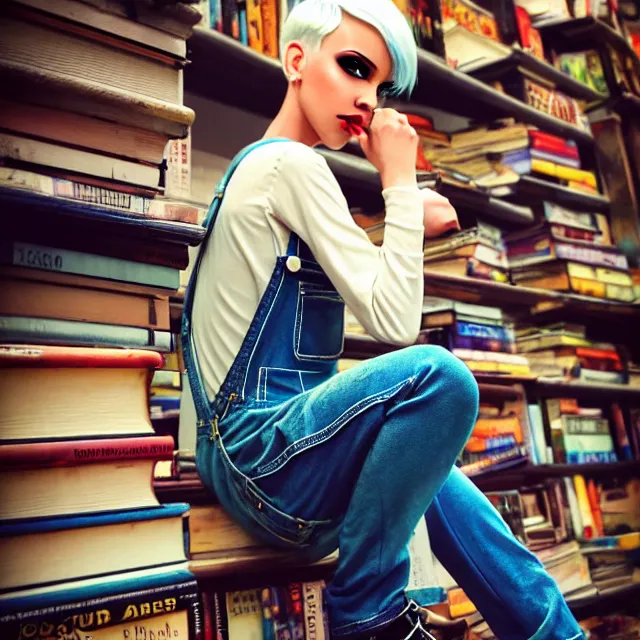 Image similar to full body pose, beautiful adult fairy, pixar, short white hair shaved sides, dirty, grungy, grunge, long sleeve, painted overalls, stacks of giant books, highly detailed, 4 k, hdr, smooth, sharp focus, high resolution, award - winning photo, artgerm, photorealistic