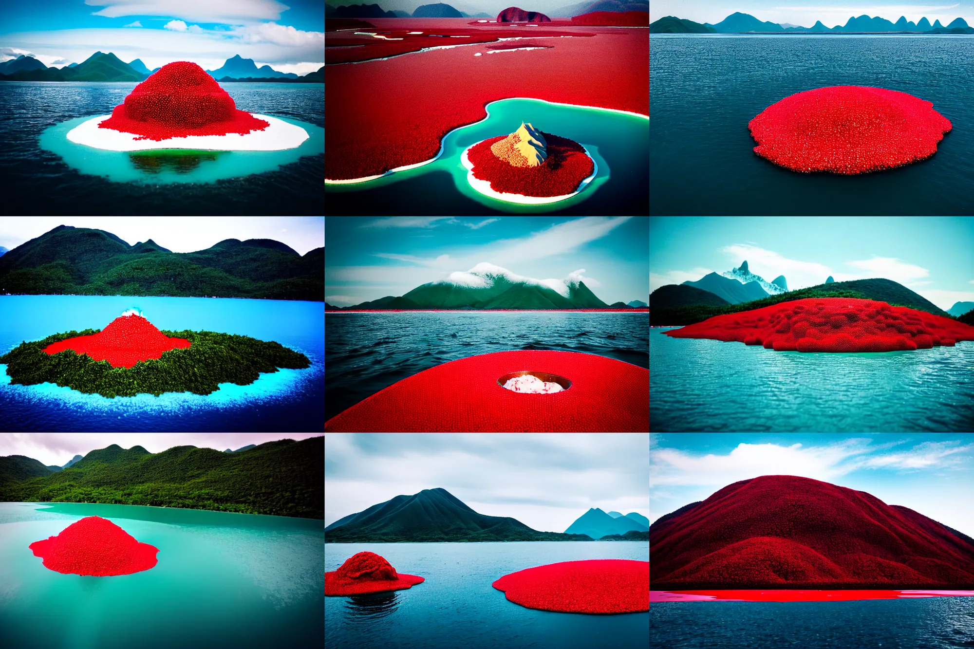 Image similar to an island made of red caviar, in the center of the island there are mountains made of white ice cream, the water around this island is made of coca - cola ( dark brown water ), the photo was taken from a boat, 3 5 mm, cinematic