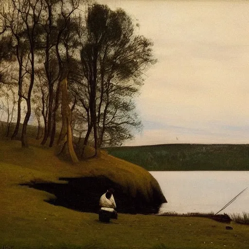 Image similar to A cottage near lake by Harald Sohlberg. A fisherman fishing in the lake beautiful trending on Artstation oil on canvas