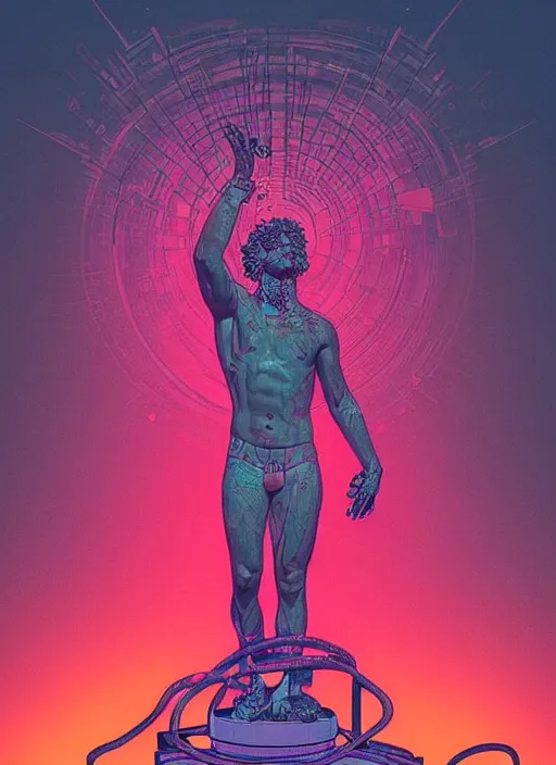 Image similar to statue of dionysus, beeple, dan mumford, vaporwave, retrowave, black background, neon wiring, black, glitch, strong contrast, cuts, pinterest, trending on artstation