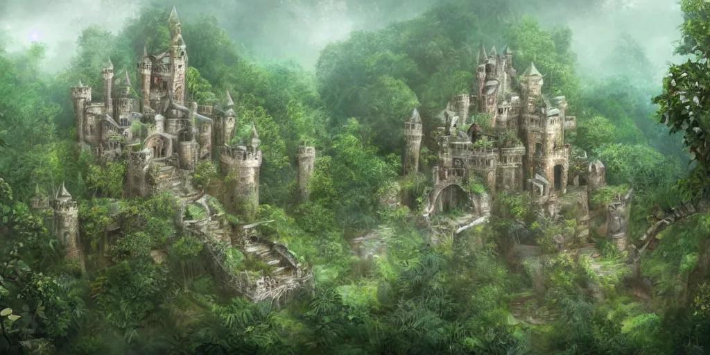 Image similar to a castle hidden in the jungle, overgrown with trees, misty, whimsical, cute art style, highly detailed, 4 k