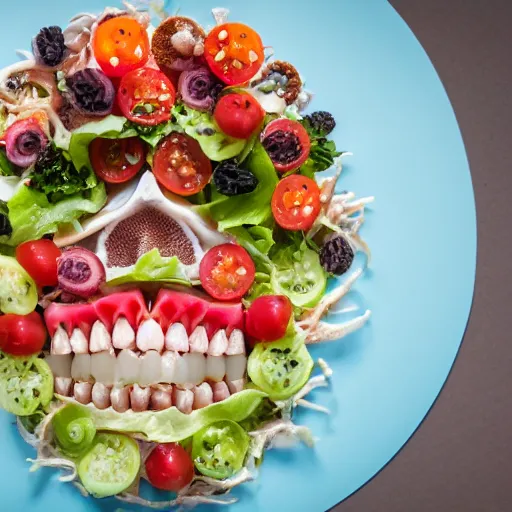 Image similar to food photography of a human teeth salad with lots of human teeth and a pinch of human teeth with a side of human teeth