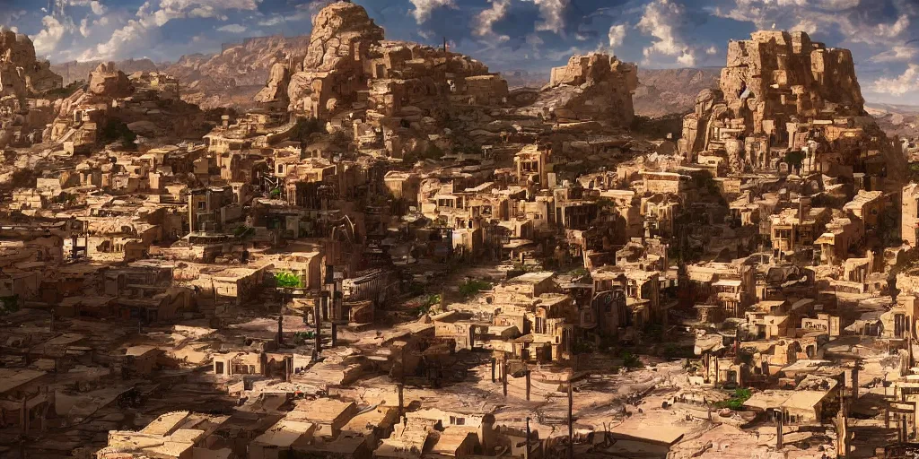 Prompt: a cyberpunk village with nabatean architecture