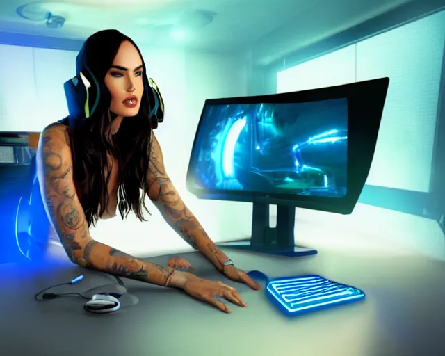 Prompt: Megan Fox using massive desktop gaming computer with neon led fans, wearing headset, sitting at desk, excited by computer, monitor with windows blue screen of death, cinematic, 8k, hyper realistic, super detailed, colorful accents, golden ratio, highly detailed professional photo, centered, rim lights, vray caustics