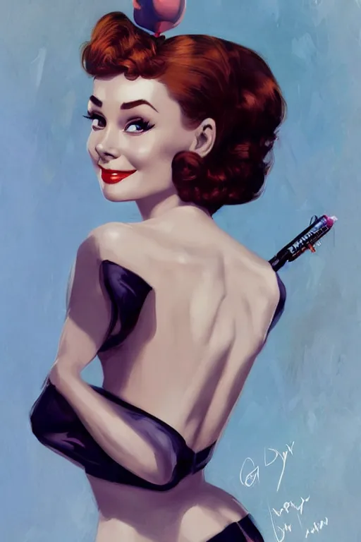 Image similar to audrey hepburn pinup by charlie bowater and anna dittmann and gil elvgren.