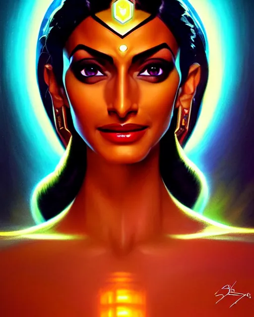 Prompt: symmetra from overwatch, elegant, confident, smug, strong, colorful, fantasy, fantasy art, character portrait, portrait, close up, highly detailed, intricate detail, amazing detail, sharp focus, vintage fantasy art, vintage sci - fi art, radiant light, caustics, by boris vallejo