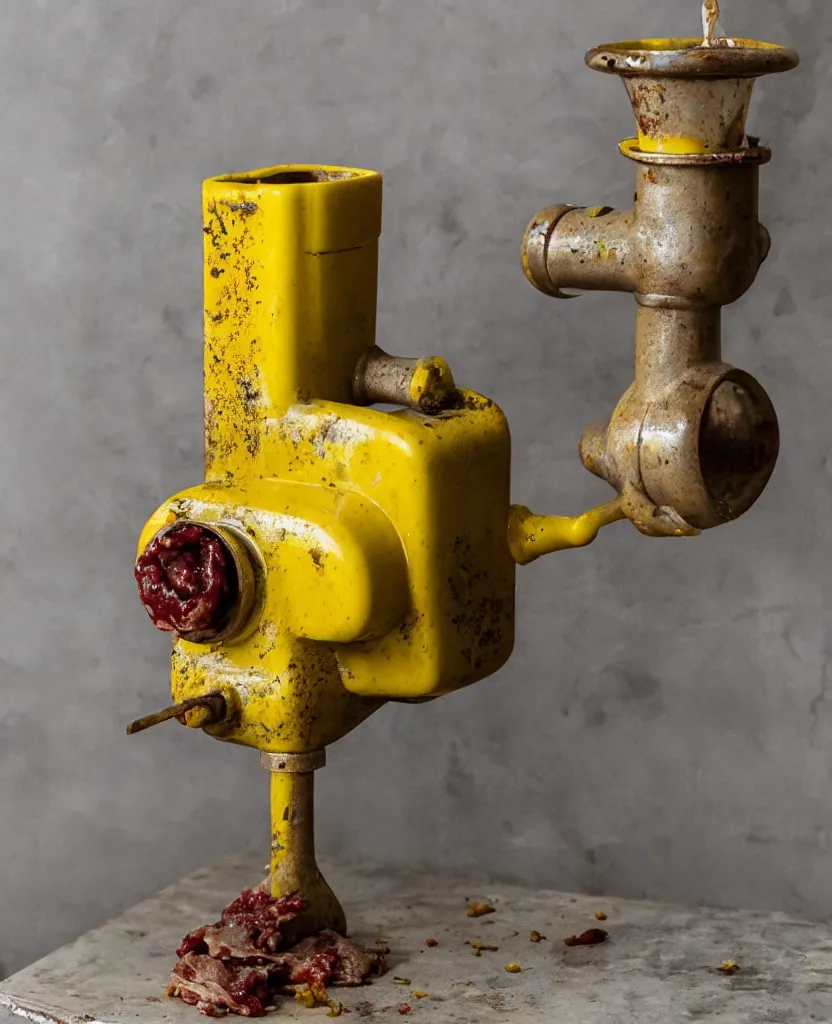 Prompt: a rusty vintage meat grinder full of mustard, ketchup and jelly spilling all over a yellow marble table