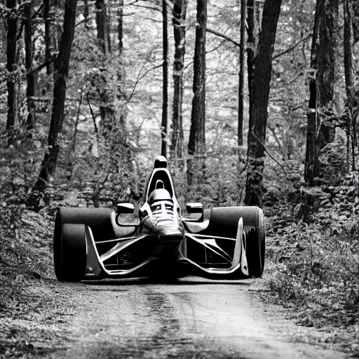 Image similar to indycar driving in the woods, black and white photo