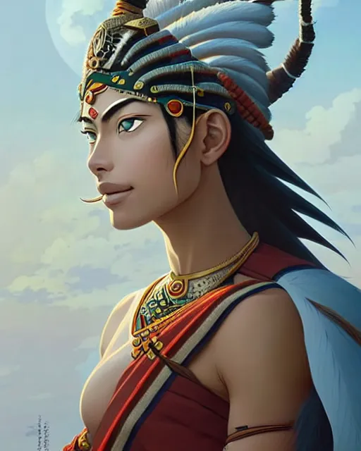 Image similar to indian warrior, doutzen kroes, detailed perfect face, exquisite details, septum piercing!!!!, wind magic, mid view, design on a white background, by studio muti, greg rutkowski makoto shinkai takashi takeuchi studio ghibli