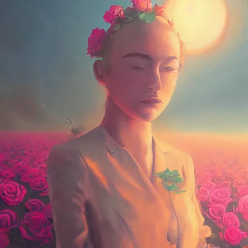 Image similar to closeup, large rose flower head, frontal, a girl in a suit, surreal photography, sunrise, dramatic light, impressionist painting, digital painting, artstation, simon stalenhag