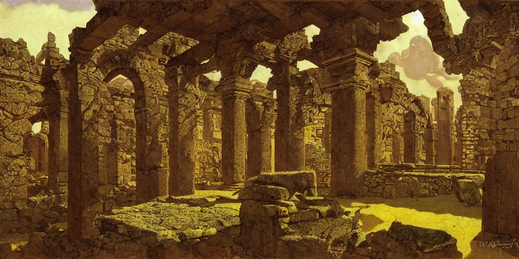 Prompt: Fractal antique ruins, high detail, crepuscular ray, light through the mist, dramatic lighting, by Grant Wood, by Bekzinsky, by Salvador Dali, by Antoni Gaudi, by Maxfield Parrish, by Nicholas Roerich, by H.R. Giger