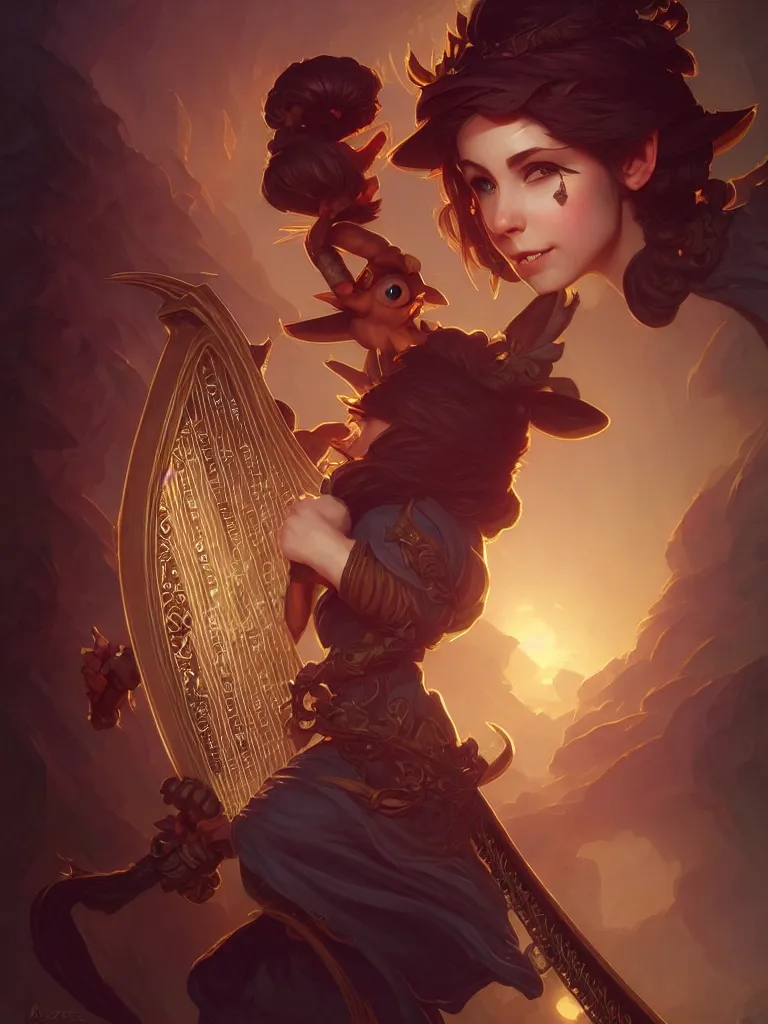 Prompt: Yordle rogue with a harp, closeup, D&D, fantasy, intricate, elegant, highly detailed, digital painting, artstation, concept art, matte, sharp focus, illustration, art by Artgerm and Greg Rutkowski and Alphonse Mucha