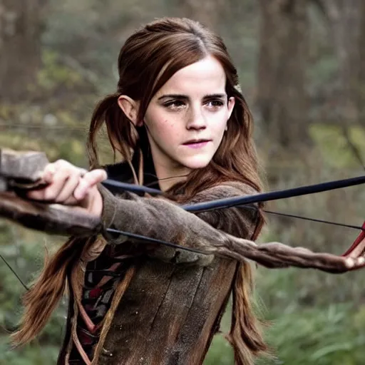 Image similar to emma watson as a wood elf, hunting with a bow