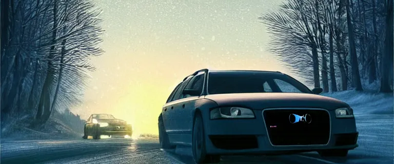 Image similar to Audi A4 B6 Avant (2002), a gritty neo-noir, dramatic bright lighting, cinematic, establishing shot, extremely high detail, photorealistic, cinematic lighting, artstation, by simon stalenhag, Snowy italian road, Snowy Apennines, At night, Poets of the Fall - Late Goodbye