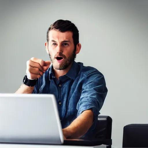 Prompt: annoyed man waiting for a friend in front of a computer pointing on his watch