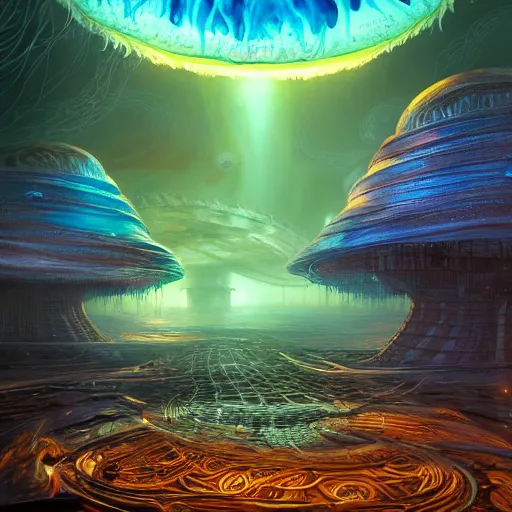 Image similar to photorealistic beautiful alien jellyfish palace world in the style of greg rutkowski and michael whelan. hyperdetailed photorealism, 1 0 8 megapixels, imposing, amazing depth, glowing rich colors, powerful imagery, psychedelic overtones, 3 d finalrender, 3 d shading, cinematic lighting, artstation concept art