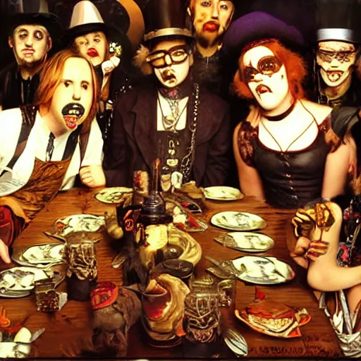 Prompt: steampunk kid rock at thanksgiving dinner with a group of juggalos, in the style of norman rockwell,