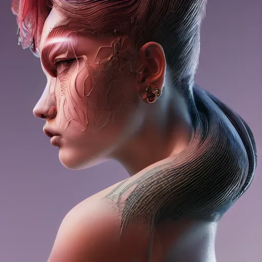 Image similar to the portrait of an absurdly beautiful, graceful, elegant, sophisticated, fashionable cyberpunk gravure idol, an ultrafine hyperdetailed illustration by kim jung gi, irakli nadar, intricate linework, bright colors, porcelain skin, unreal engine 5 highly rendered, cgsociety, global illumination, radiant light, detailed and intricate environment