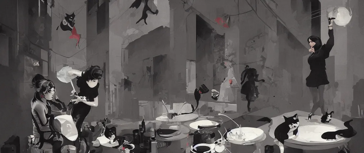 Prompt: a duotone comic noir illustration painting of two woman and a cat meme, one woman is screaming and pointing a t a cat that is eating vegetable meal from a white plate by sachin teng and sergey kolesov and ruan jia and heng z. graffiti art, sci fi, fantasy art, hyper detailed. octane render. trending on artstation