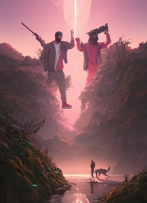 Image similar to highly detailed portrait justin trudeau in pink hoody holding ar - 1 5! in gta v stephen bliss unreal engine fantasy art by greg rutkowski loish rhads ferdinand knab makoto shinkai lois van baarle ilya kuvshinov rossdraws tom bagshaw global illumination radiant light detailed intricate environment