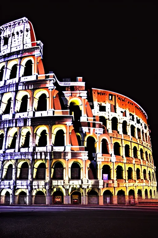 Prompt: neon streets of rome colosseum, 4 k, award winning photo