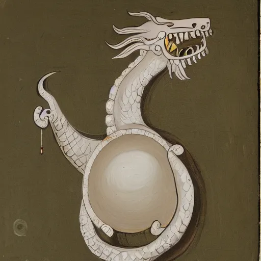 Prompt: an old painting of a white eastern bubble dragon with circular glasses, painting