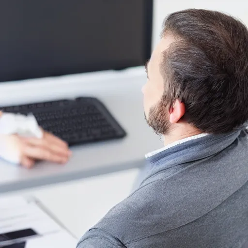 Image similar to annoyed man waiting for a friend in front of a computer pointing on his watch