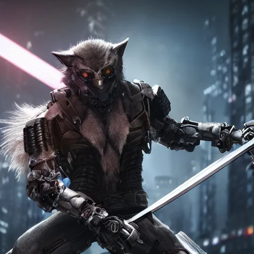 Image similar to cyberpunk wolfman holding a katana and jumping into action, tactical armor, action scene screenshot, scifi futuristic character concept, high quality gloss art, unreal engine