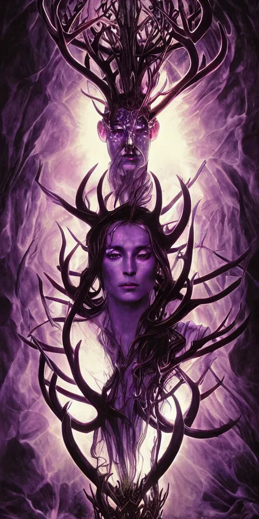 Image similar to intense roaring glowing black metal pagan god with antlers and veins and intense glowing eyes in very dark cosmic space by karol bak and artgerm and alphonse mucha, portrait, fantasy, clear, light beams, lens flare, intense, uhd, amazing depth, cinematic lighting, purple and violet and indigo and blue