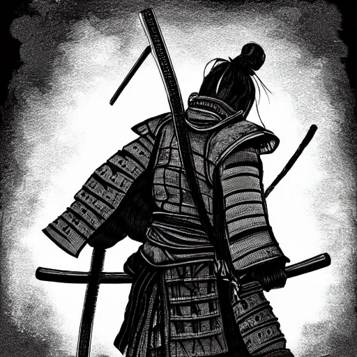 Image similar to a portrait from behind of a samurai man vagabond that holds chains, detailed, illustration, concept art, ink style, sketch