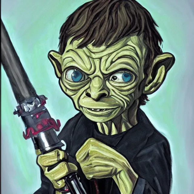 Prompt: painting of gollum as luke skywalker holding a light saber