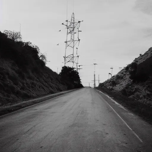 Prompt: a road next to warehouses, and a hill behind it with a radio tower on top, disposable camera effect