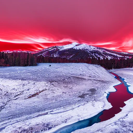 Prompt: an award - winning aereal photo of a red river, with a snowy white mountain and ice, drammatic lighting, drone, ƒ / 8, behance